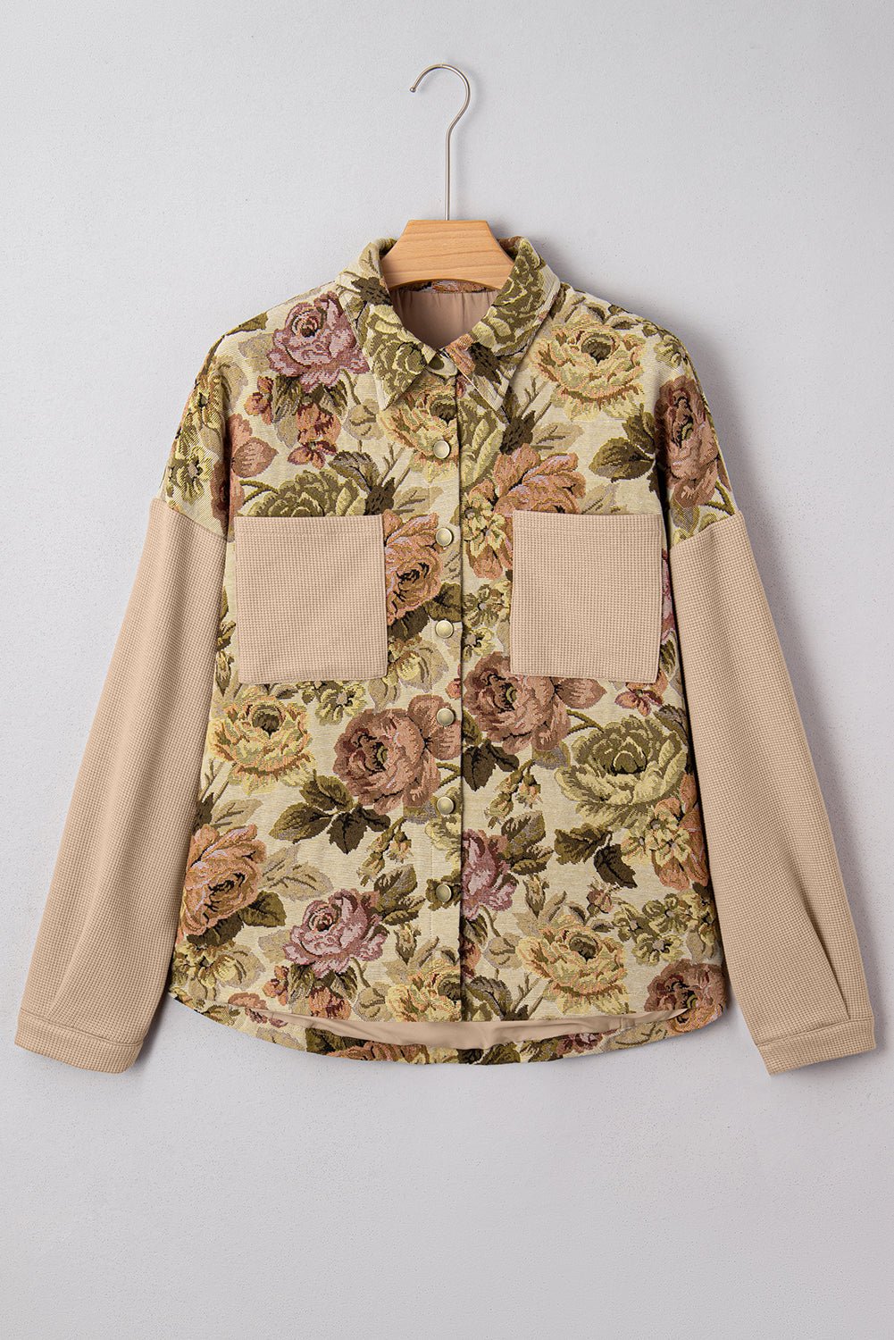 Khaki Floral Waffle Knit Patchwork Chest Pockets Buttoned Jacket - MAD RUFFI