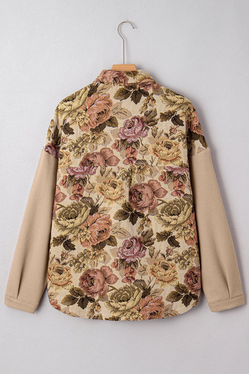 Khaki Floral Waffle Knit Patchwork Chest Pockets Buttoned Jacket - MAD RUFFI