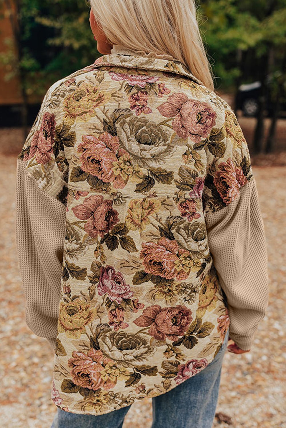 Khaki Floral Waffle Knit Patchwork Chest Pockets Buttoned Jacket - MAD RUFFI