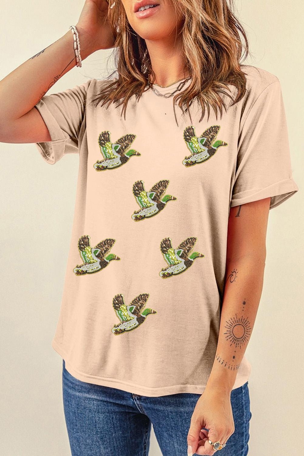 Khaki Flying Mallard Sequin Patched Graphic Tee - MAD RUFFI
