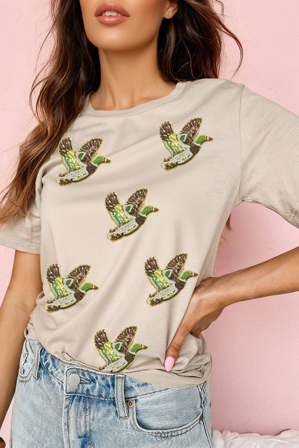 Khaki Flying Mallard Sequin Patched Graphic Tee - MAD RUFFI