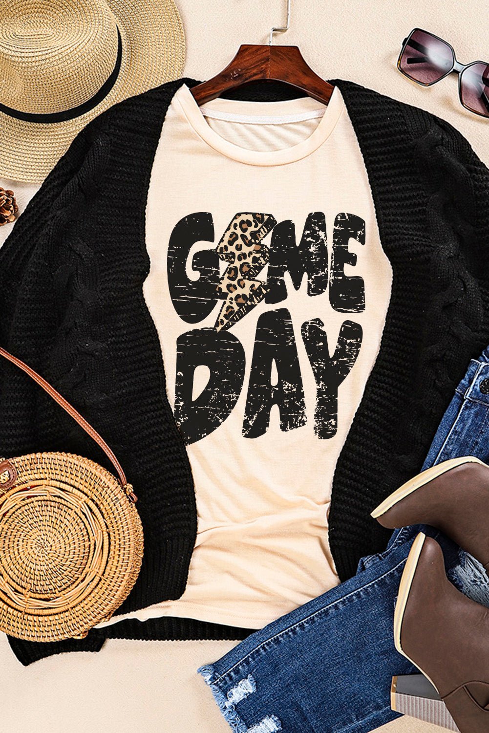 Khaki Game Day Football Season Casual Graphic T Shirt - MAD RUFFI