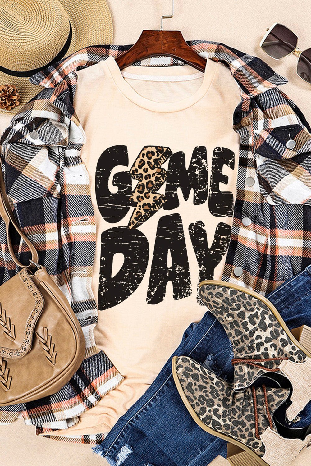 Khaki Game Day Football Season Casual Graphic T Shirt - MAD RUFFI