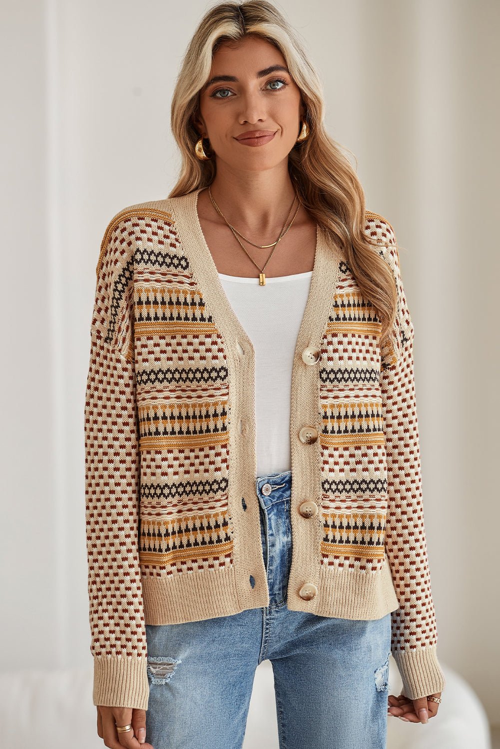 Khaki Geometric Pattern Button Front V Neck Cropped Cardigan - MAD RUFFI