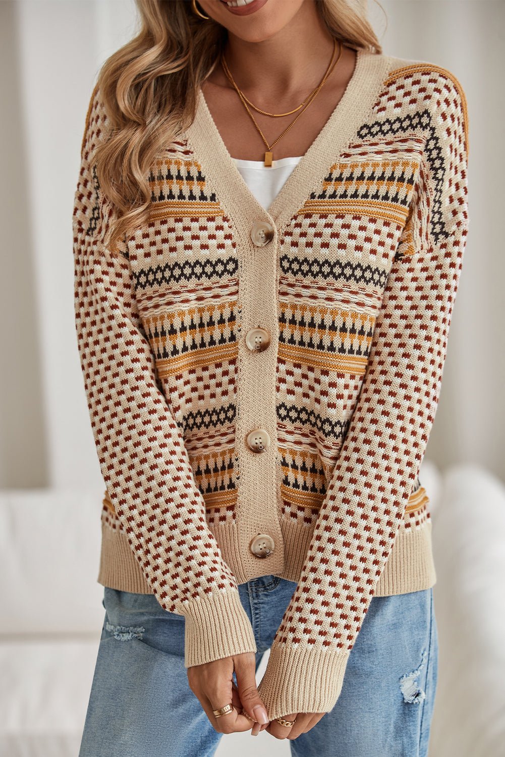 Khaki Geometric Pattern Button Front V Neck Cropped Cardigan - MAD RUFFI