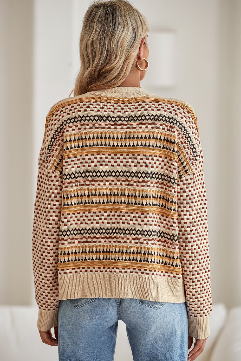 Khaki Geometric Pattern Button Front V Neck Cropped Cardigan - MAD RUFFI