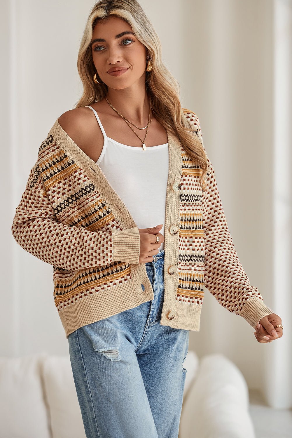 Khaki Geometric Pattern Button Front V Neck Cropped Cardigan - MAD RUFFI