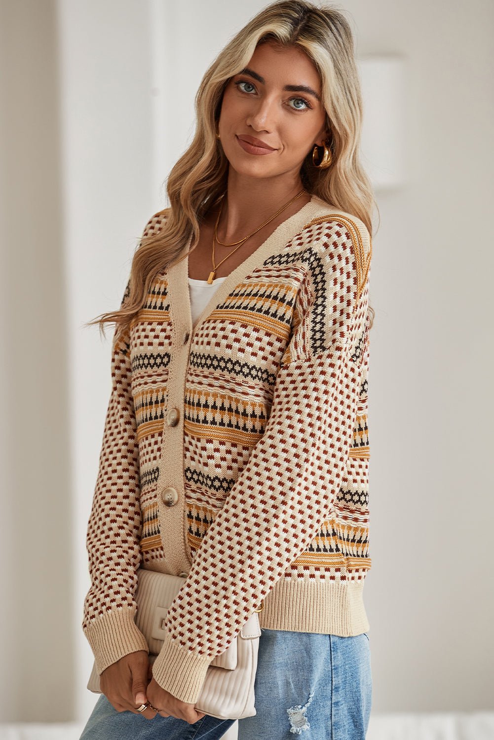 Khaki Geometric Pattern Button Front V Neck Cropped Cardigan - MAD RUFFI