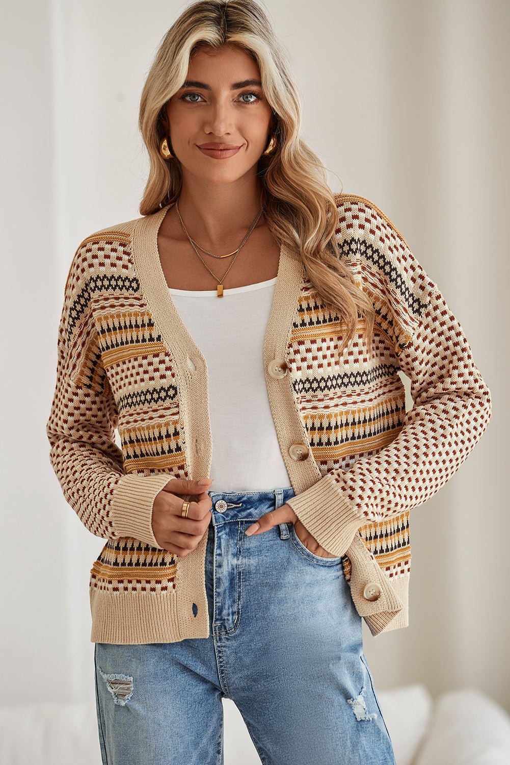 Khaki Geometric Pattern Button Front V Neck Cropped Cardigan - MAD RUFFI