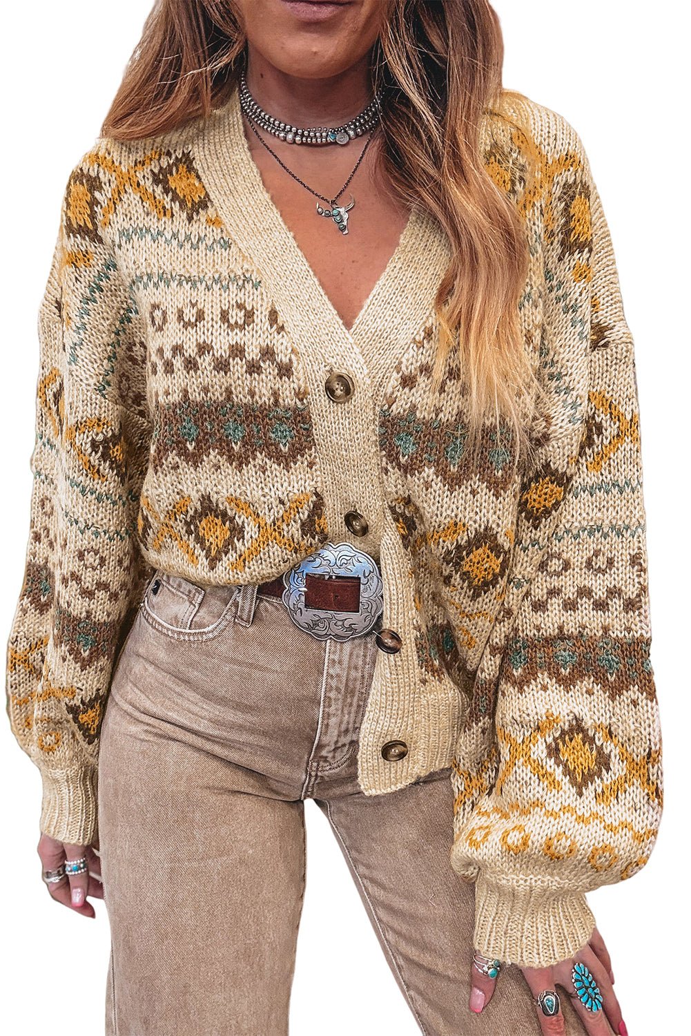 Khaki Geometric Pattern Button V Neck Cardigan - MAD RUFFI