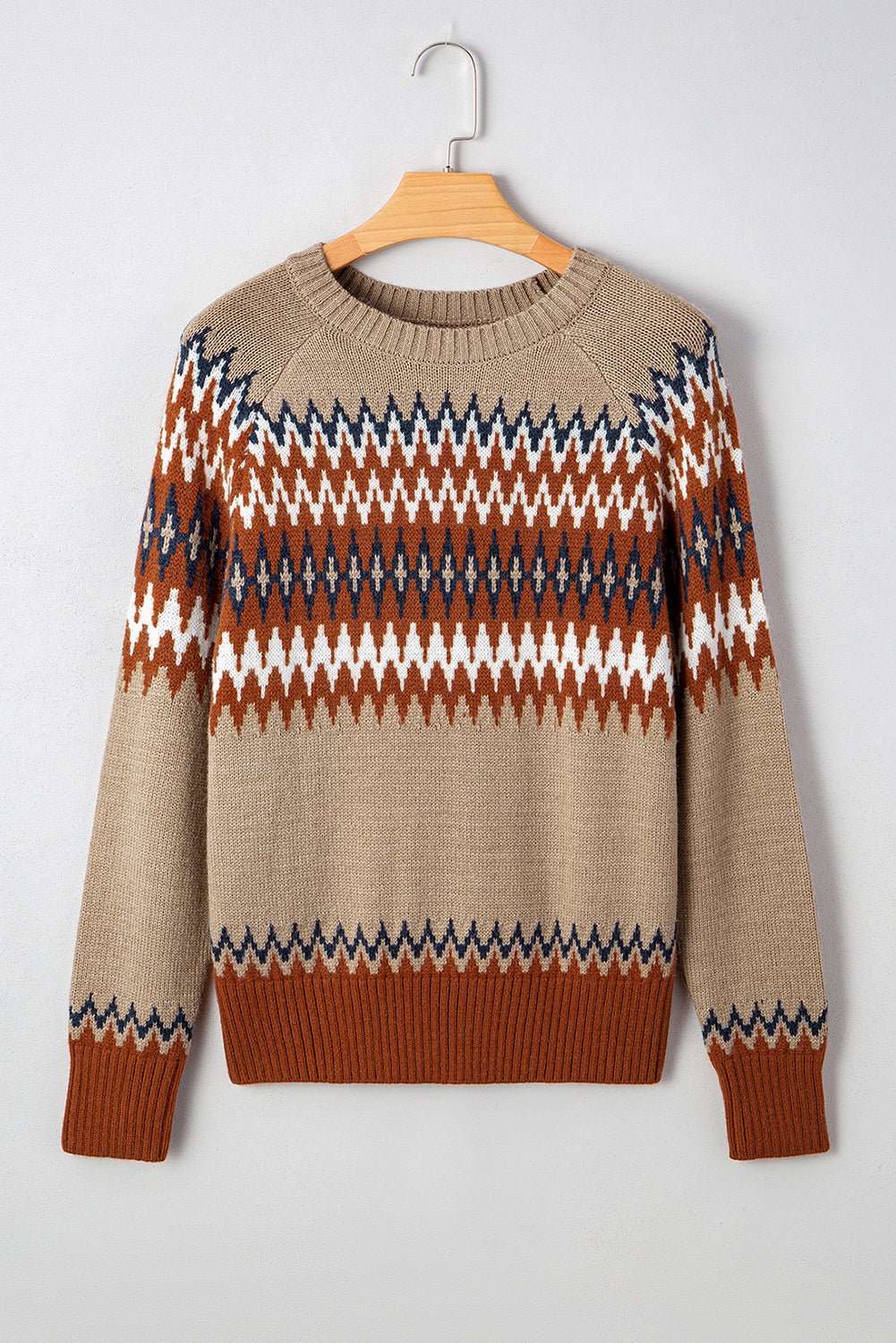 Khaki Geometric Print Colorblock Crew Neck Sweater - MAD RUFFI