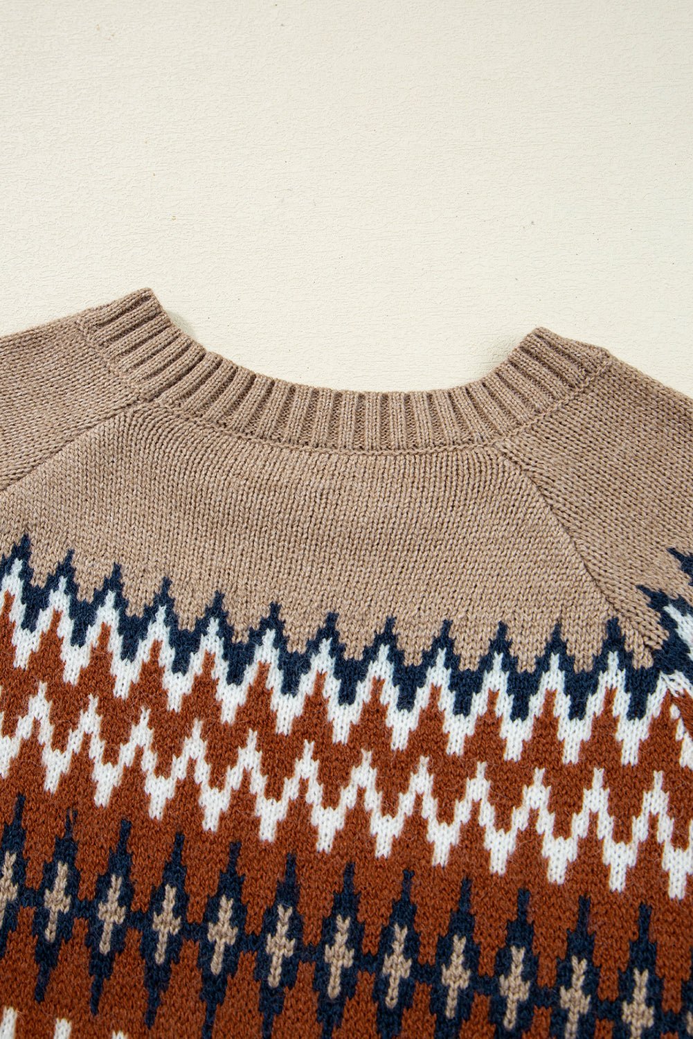 Khaki Geometric Print Colorblock Crew Neck Sweater - MAD RUFFI