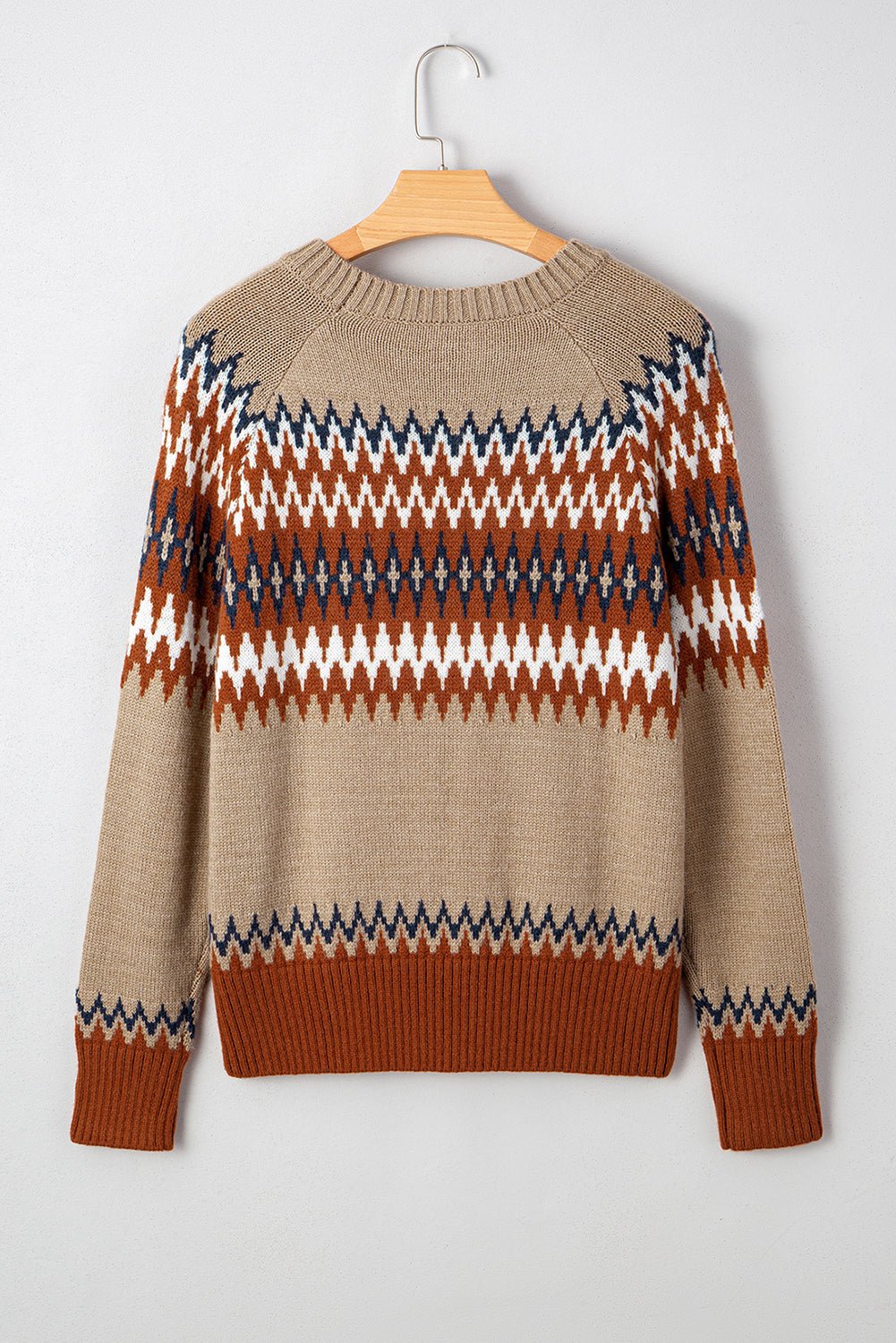 Khaki Geometric Print Colorblock Crew Neck Sweater - MAD RUFFI