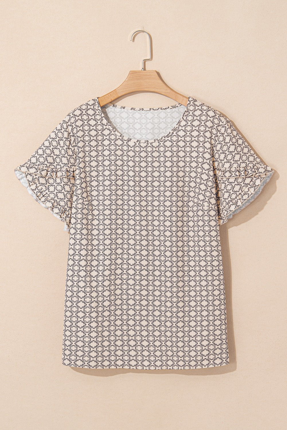 Khaki Geometric Print Frill Tulip Sleeve Plus Size Blouse - MAD RUFFI