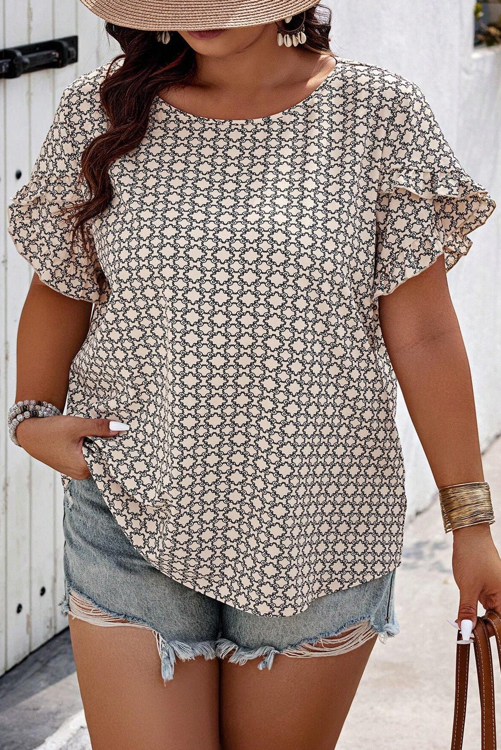 Khaki Geometric Print Frill Tulip Sleeve Plus Size Blouse - MAD RUFFI