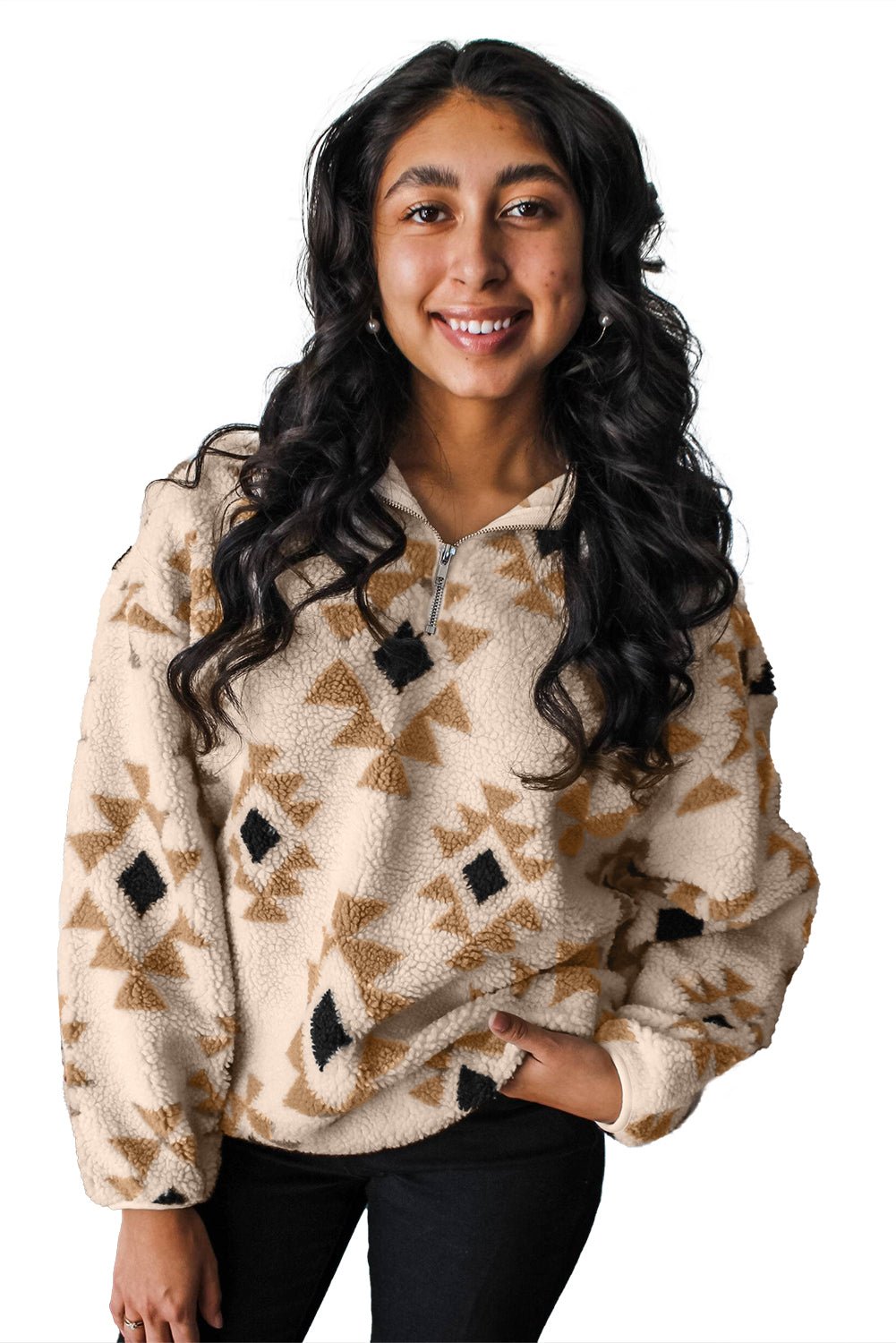 Khaki Geometric Print Sherpa Quarter Zip Collar Sweatshirt - MAD RUFFI