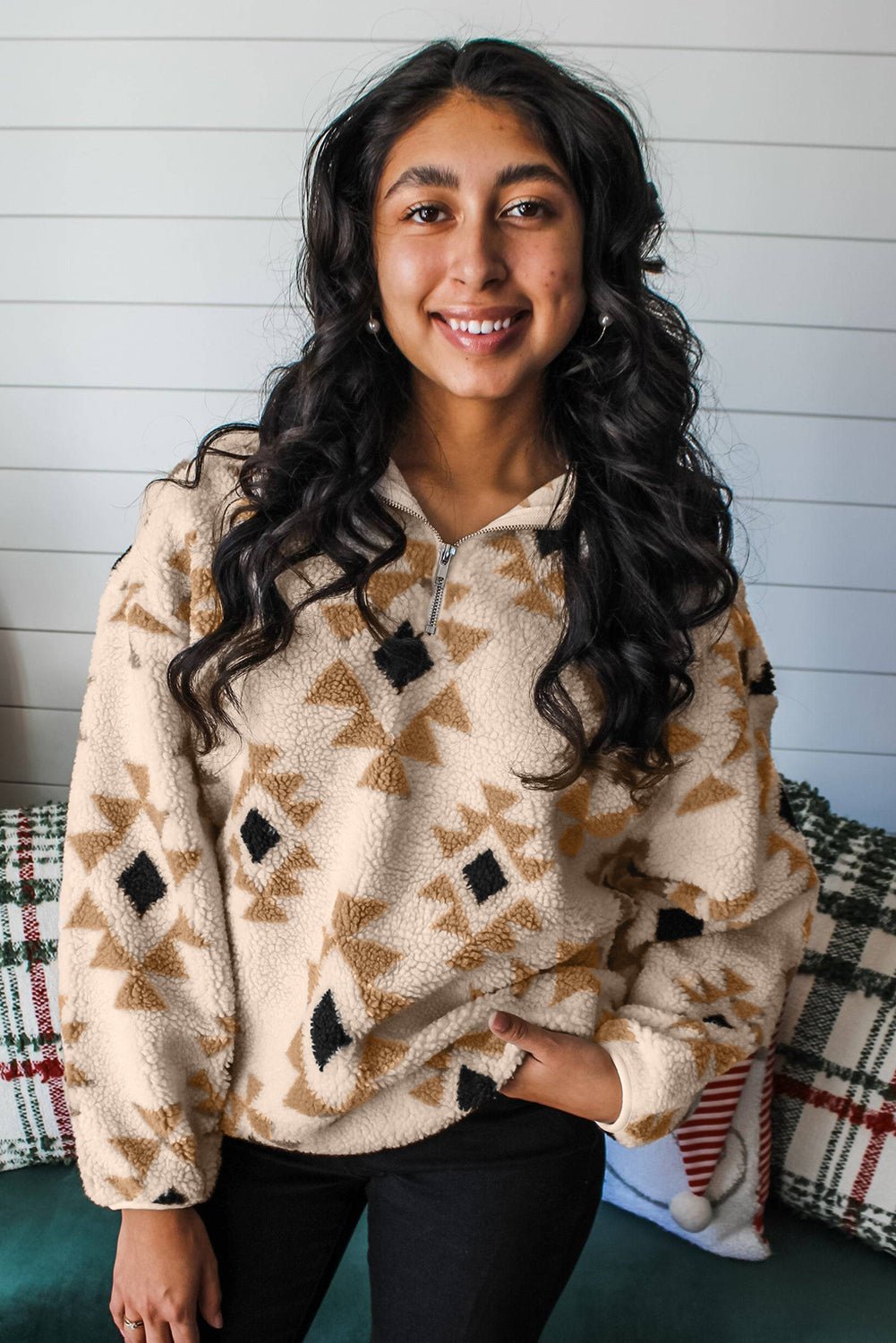 Khaki Geometric Print Sherpa Quarter Zip Collar Sweatshirt - MAD RUFFI