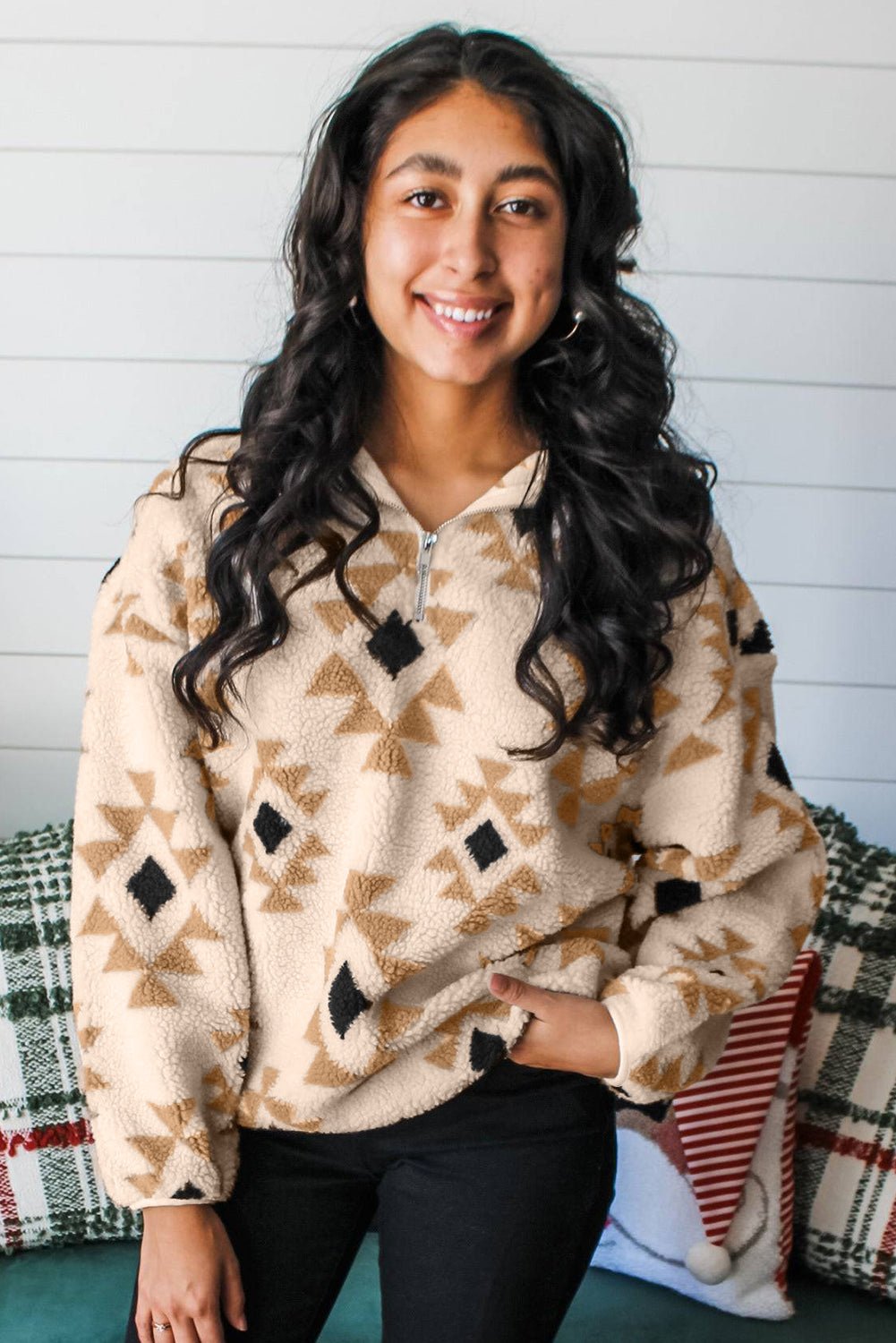 Khaki Geometric Print Sherpa Quarter Zip Collar Sweatshirt - MAD RUFFI