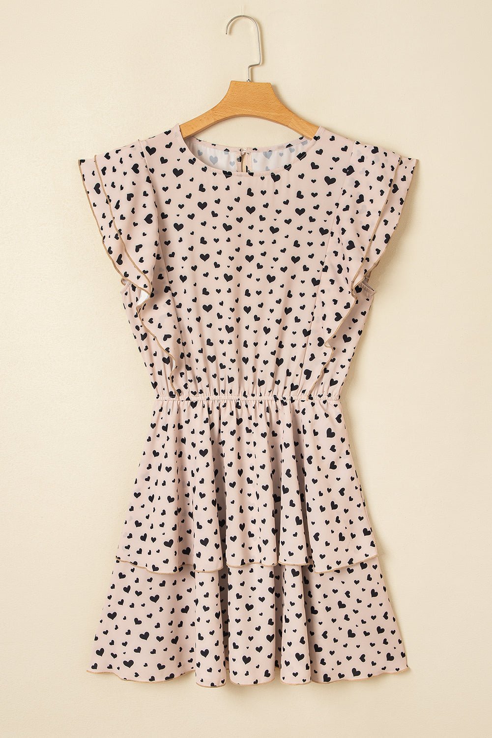 Khaki Heart Printed Flutter Sleeve Cinched Waist Tiered Ruffle Mini Dress - MAD RUFFI