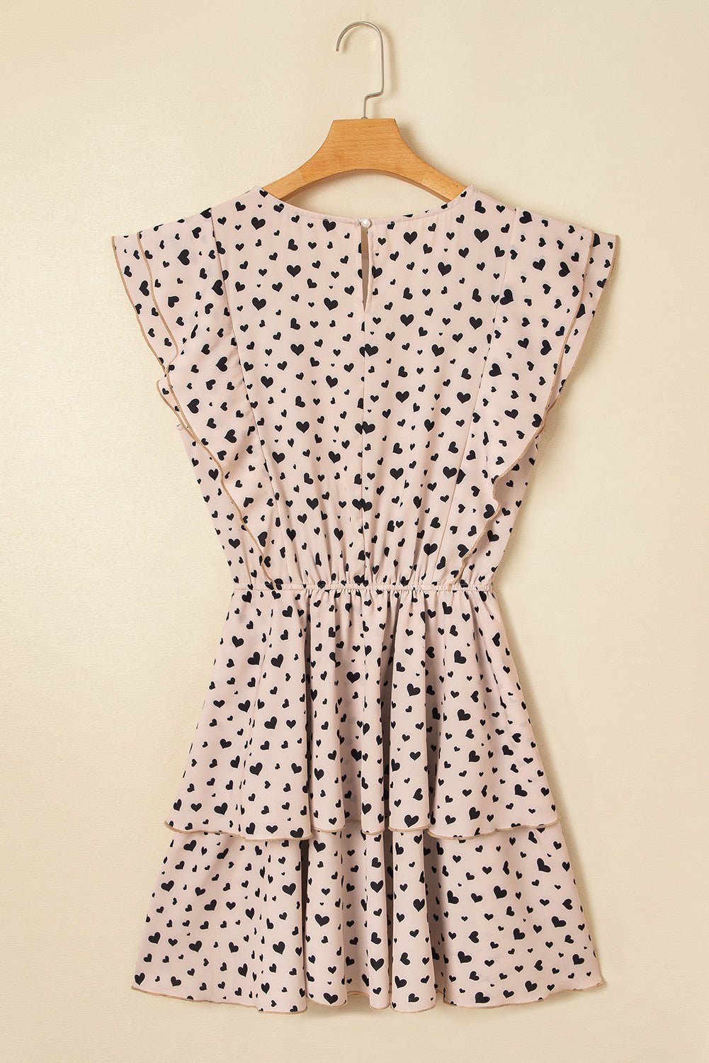 Khaki Heart Printed Flutter Sleeve Cinched Waist Tiered Ruffle Mini Dress - MAD RUFFI