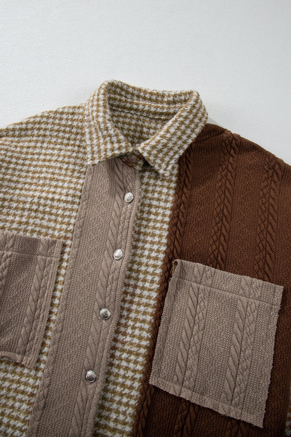 Khaki Houndstooth Textured Patchwork Loose Shacket - MAD RUFFI