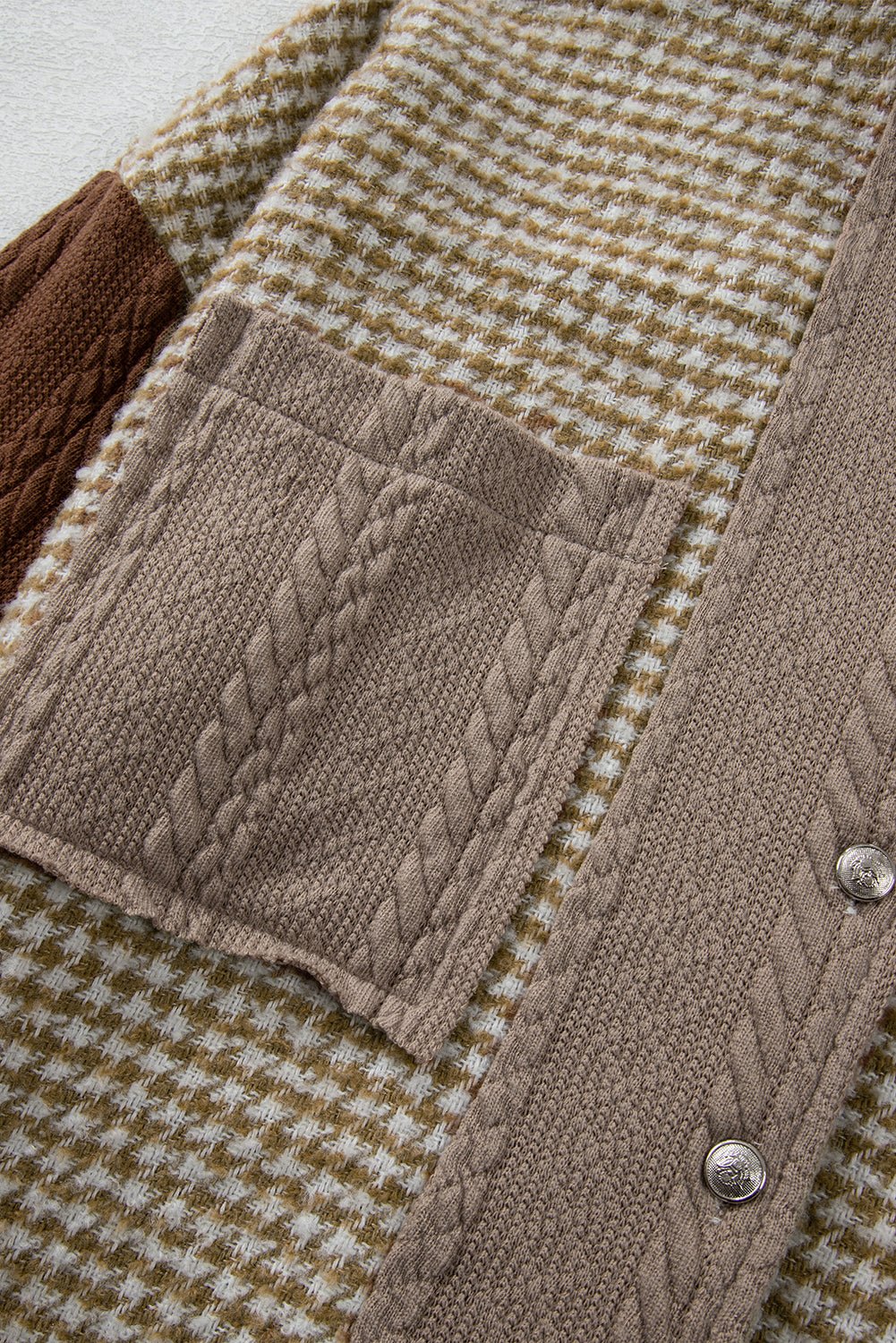 Khaki Houndstooth Textured Patchwork Loose Shacket - MAD RUFFI