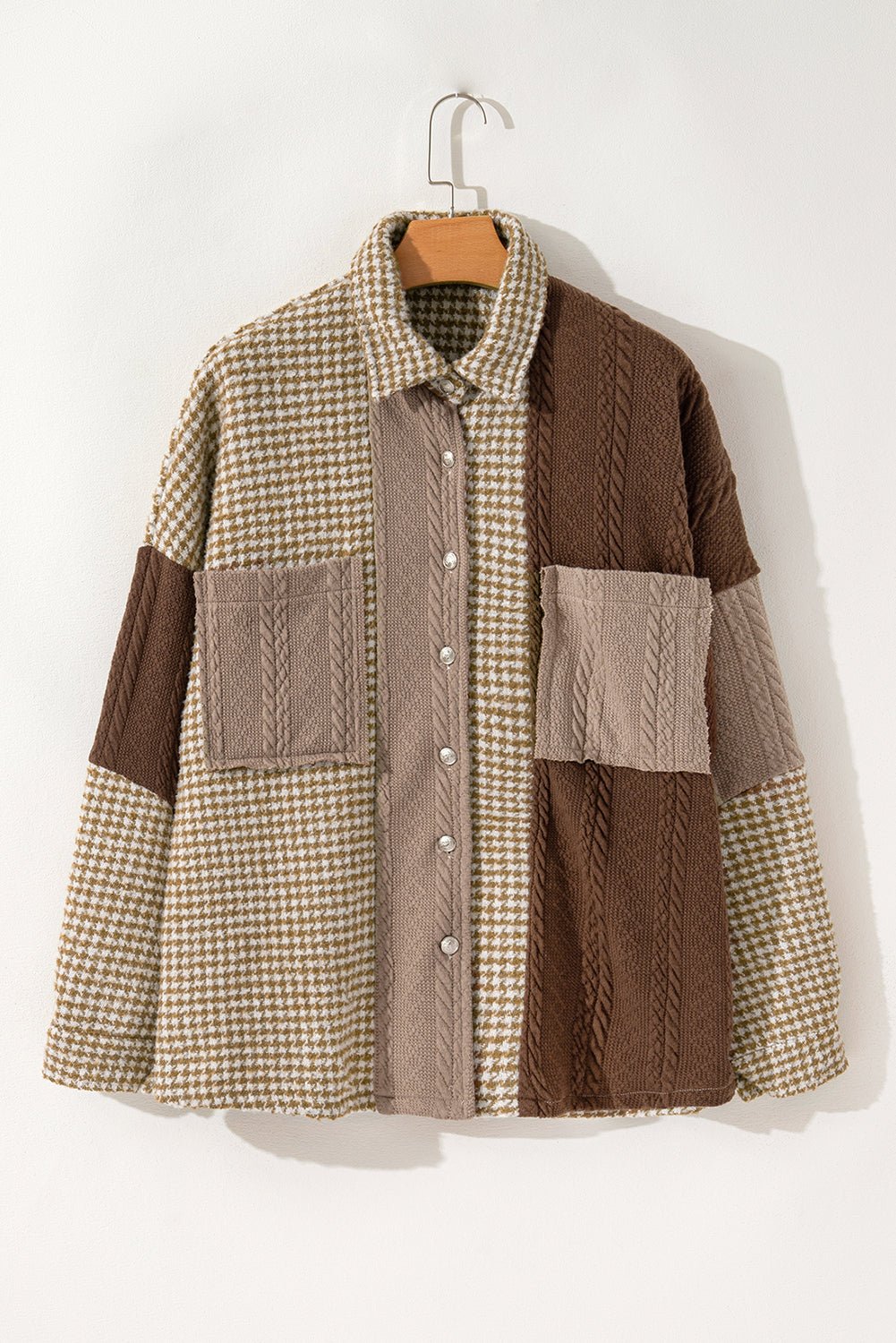 Khaki Houndstooth Textured Patchwork Loose Shacket - MAD RUFFI