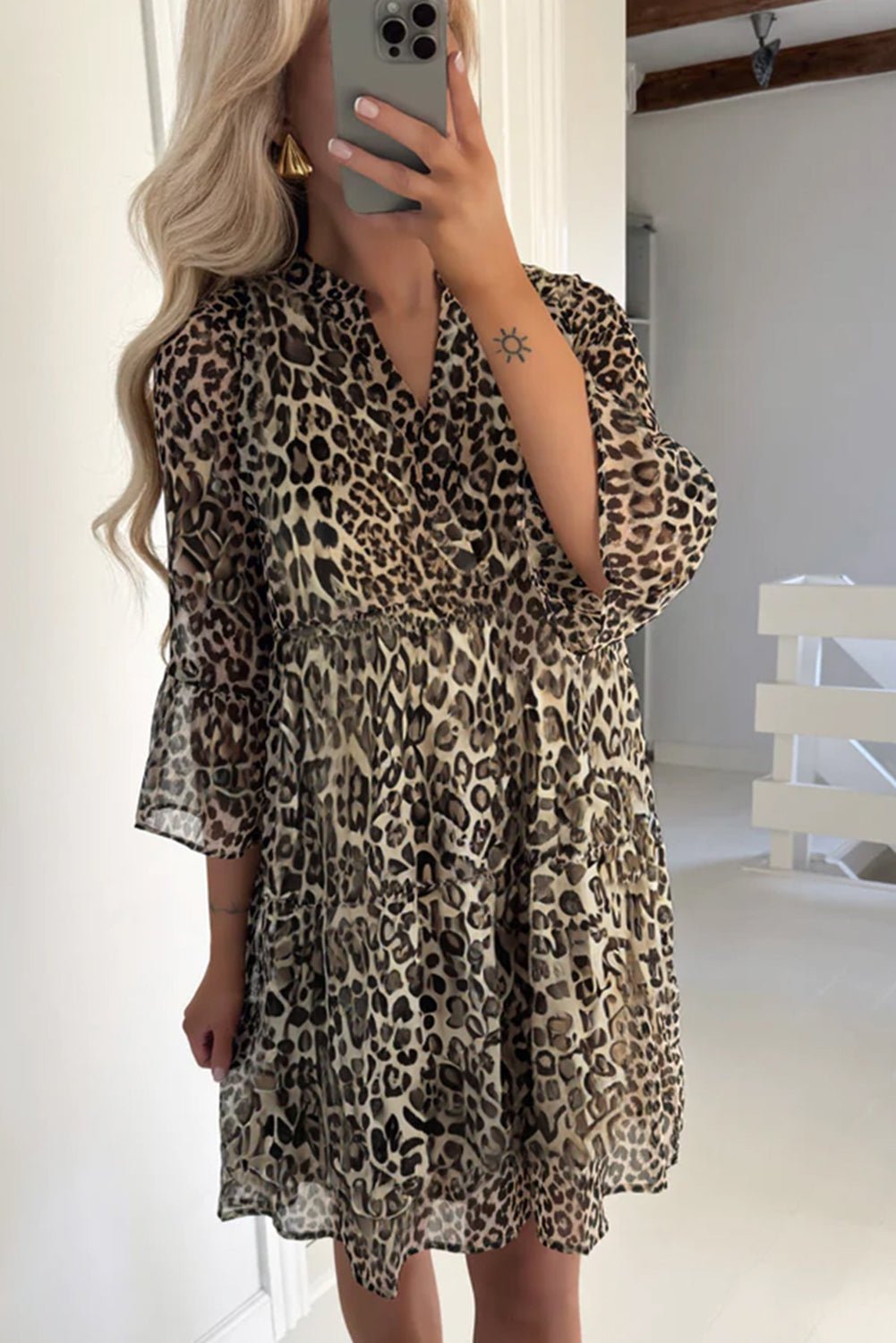 Khaki Leopard 3/4 Sleeve V Neck Swing Dress - MAD RUFFI