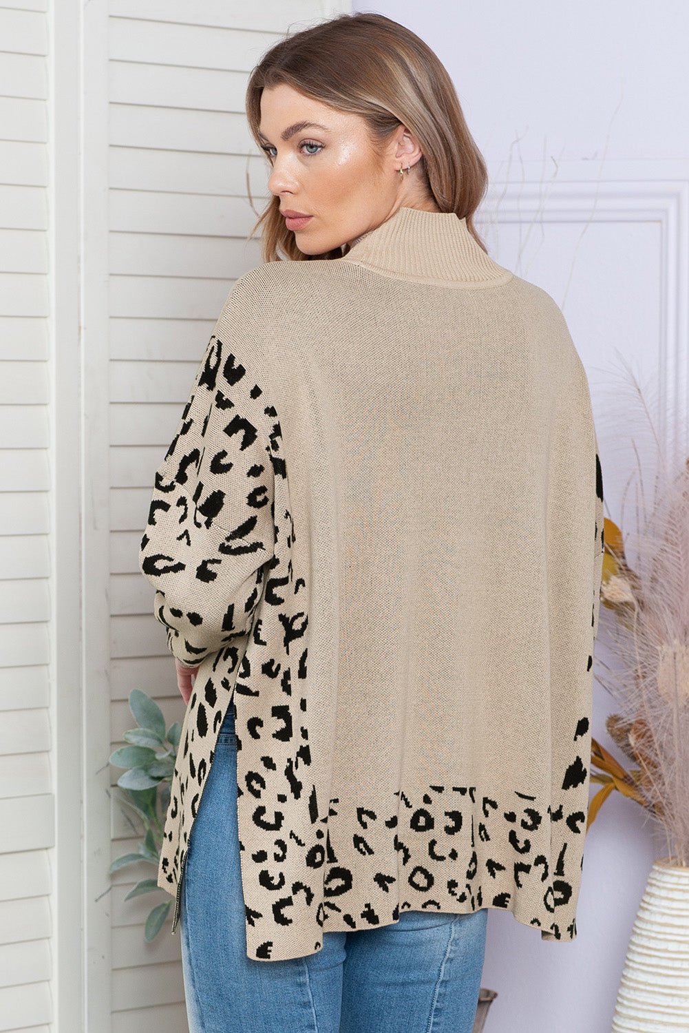 Khaki Leopard Casual Side Slit High Neck Oversized Sweater - MAD RUFFI