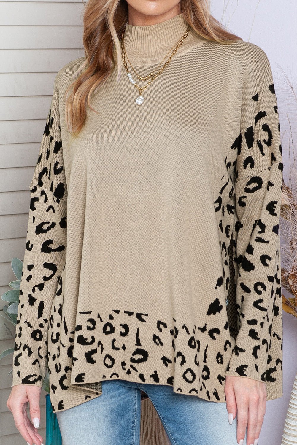Khaki Leopard Casual Side Slit High Neck Oversized Sweater - MAD RUFFI