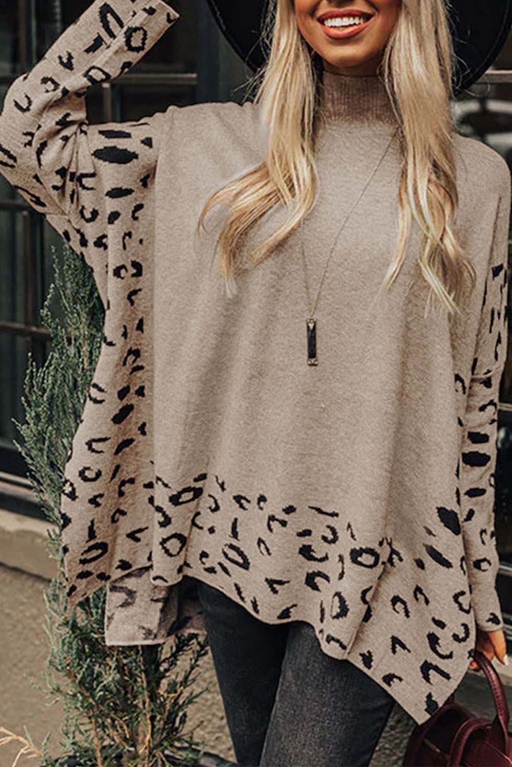 Khaki Leopard Casual Side Slit High Neck Oversized Sweater - MAD RUFFI