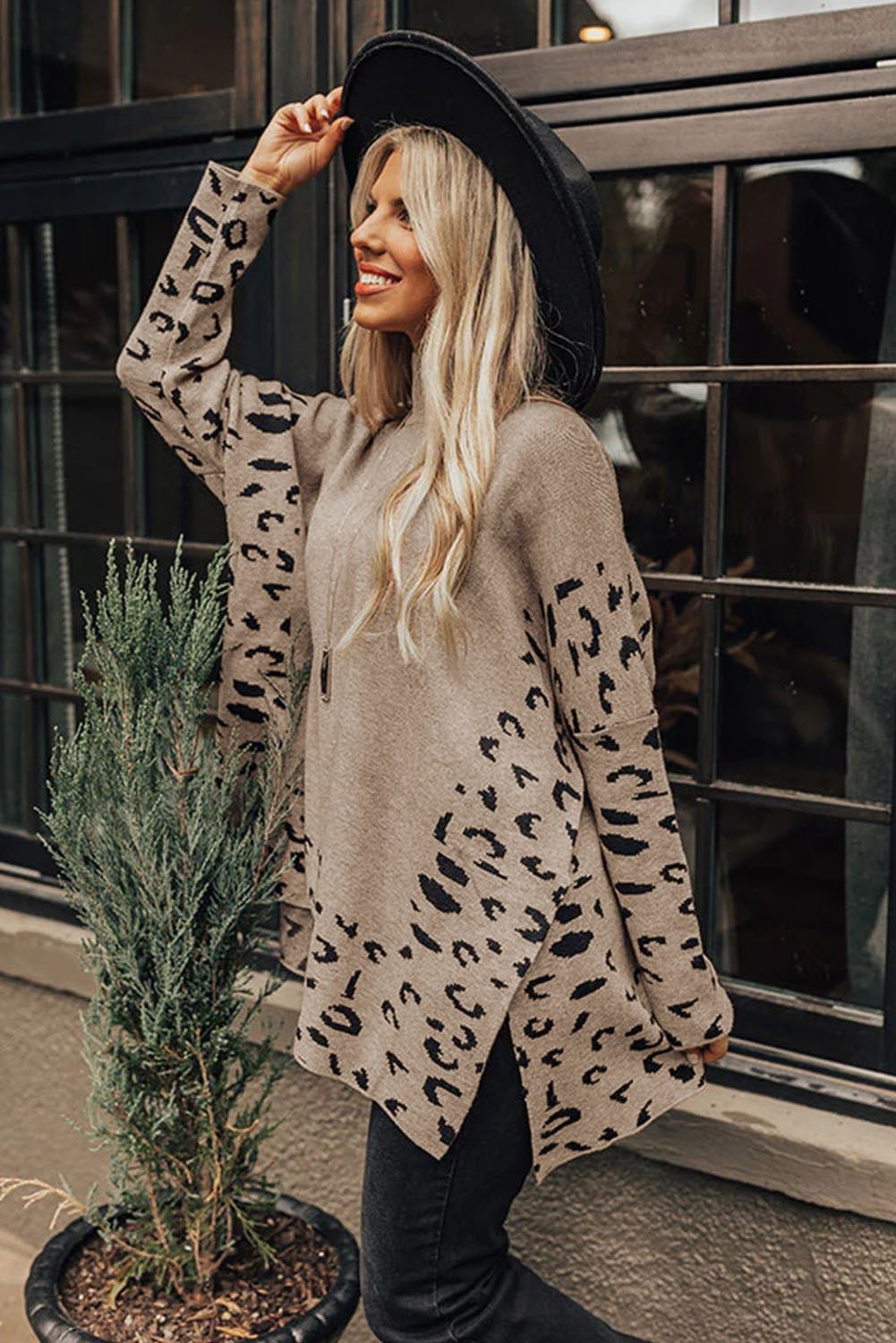 Khaki Leopard Casual Side Slit High Neck Oversized Sweater - MAD RUFFI