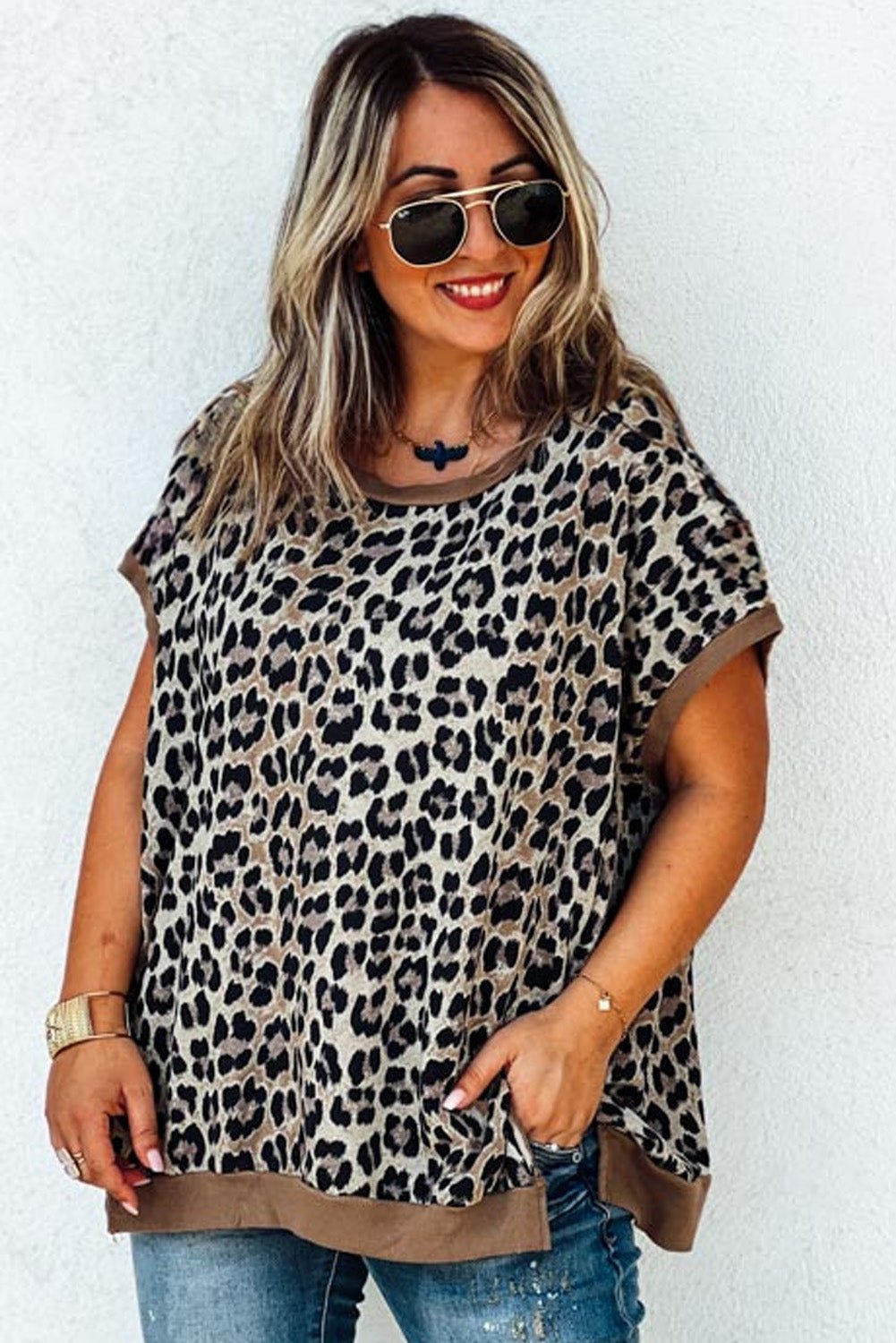 Khaki Leopard Contrast Trim Short Sleeve Loose Plus Size Top - MAD RUFFI