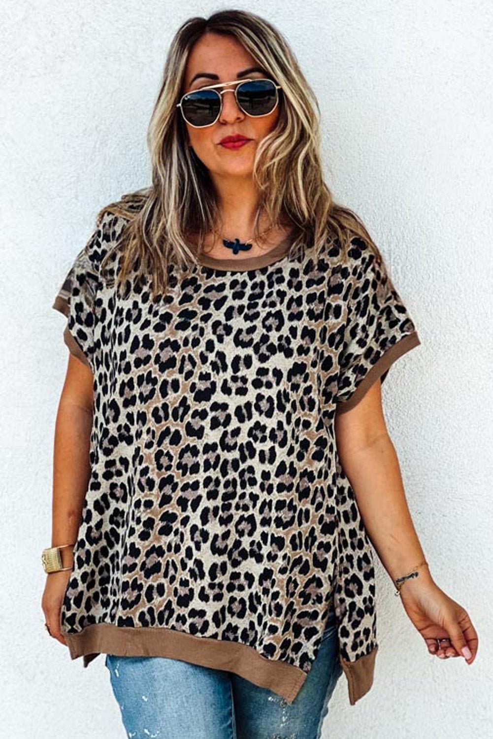 Khaki Leopard Contrast Trim Short Sleeve Loose Plus Size Top - MAD RUFFI