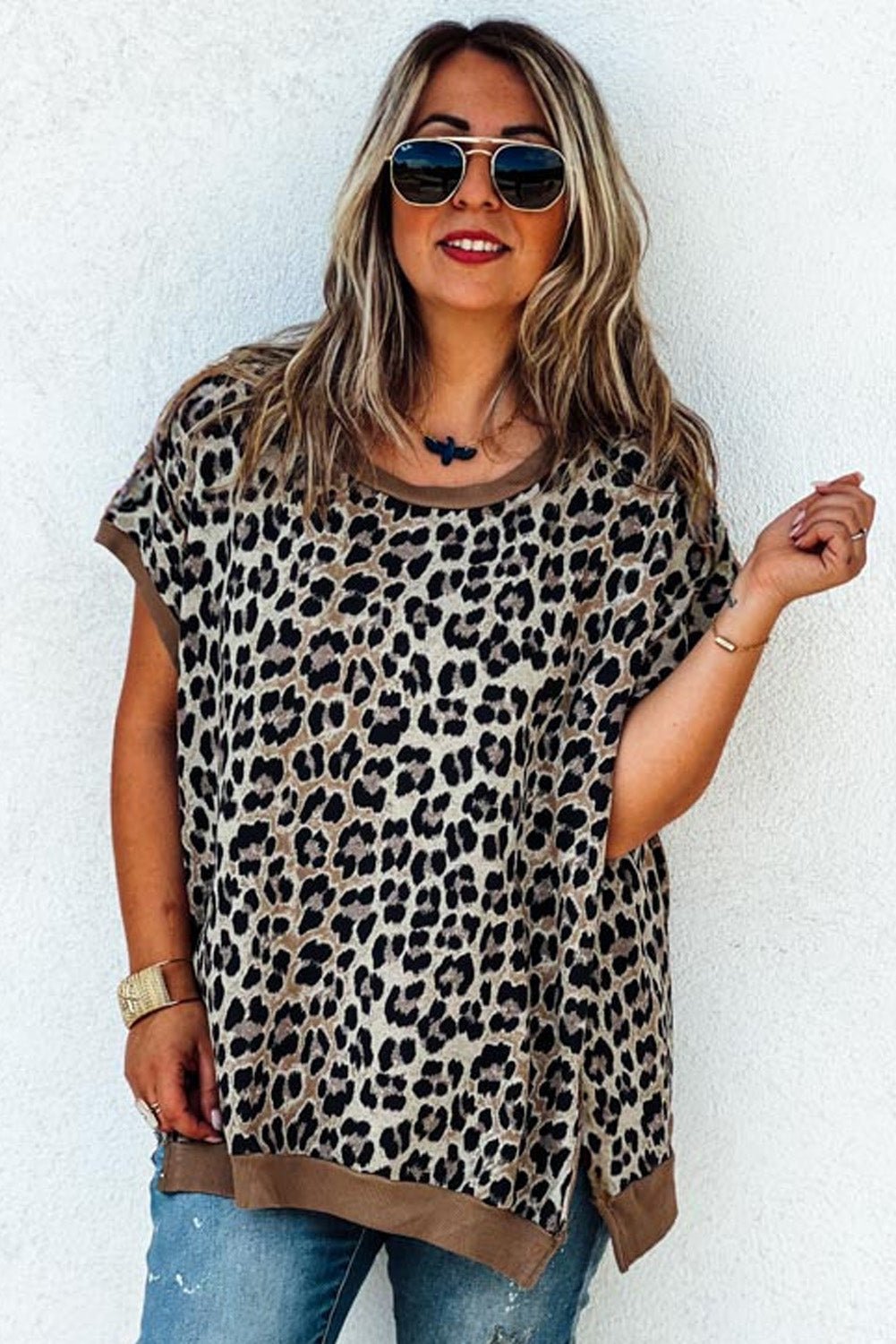 Khaki Leopard Contrast Trim Short Sleeve Loose Plus Size Top - MAD RUFFI