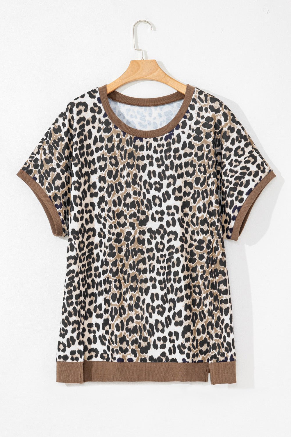 Khaki Leopard Contrast Trim Short Sleeve Loose Plus Size Top - MAD RUFFI