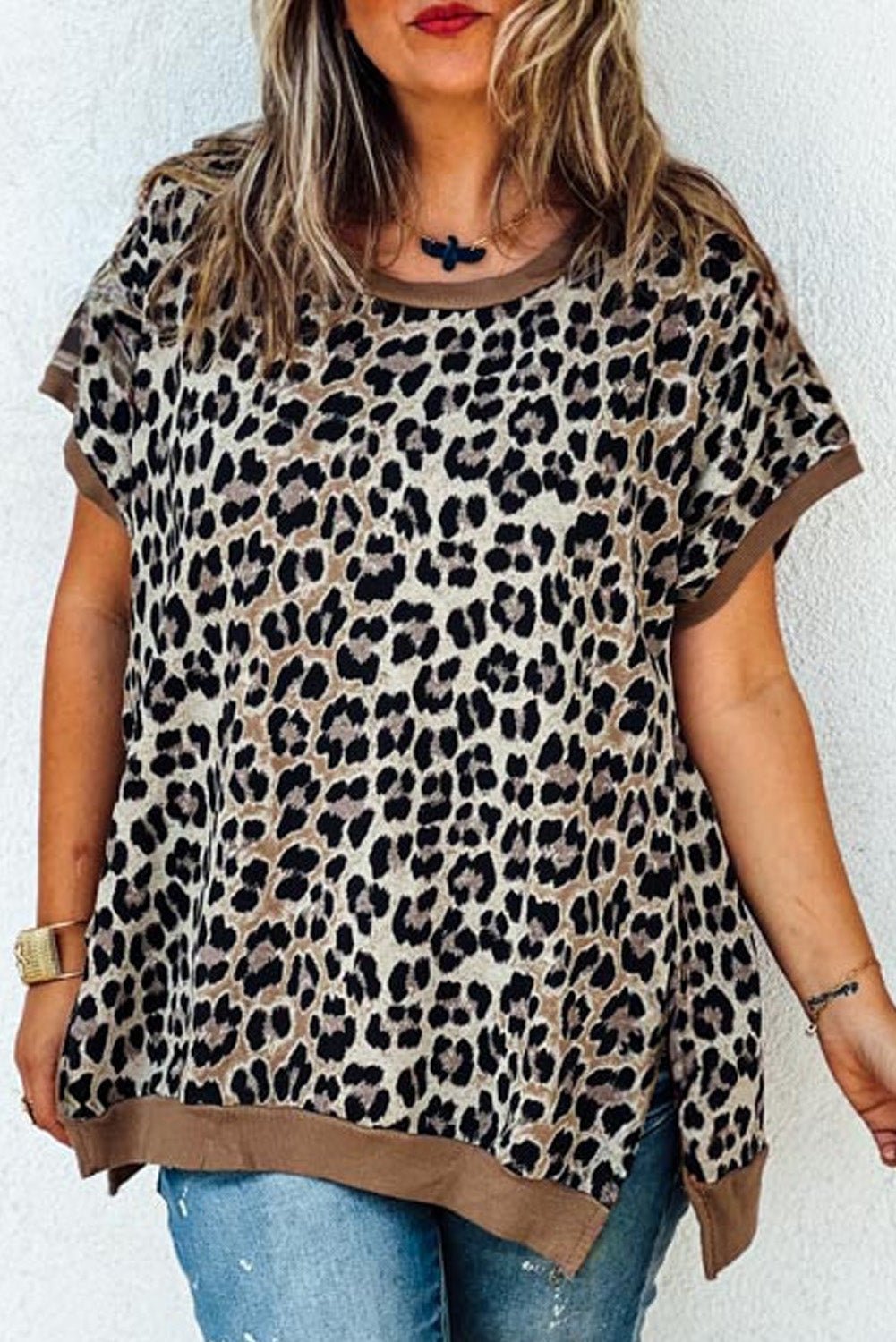 Khaki Leopard Contrast Trim Short Sleeve Loose Plus Size Top - MAD RUFFI