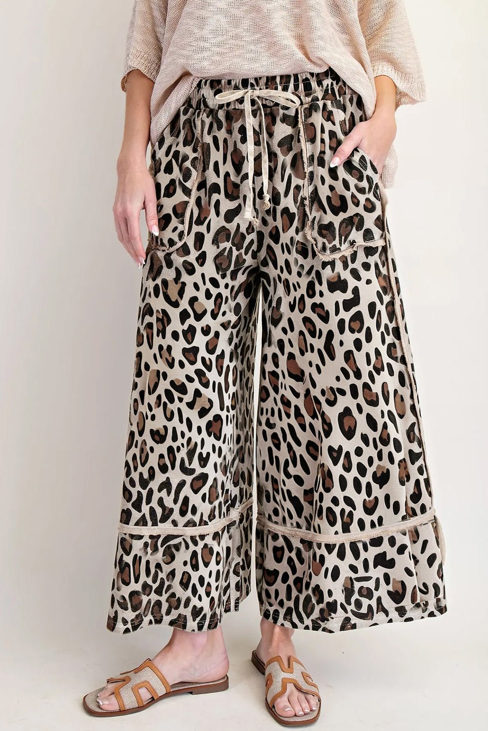Khaki Leopard Drawstring Wide Leg Cropped Pants - MAD RUFFI