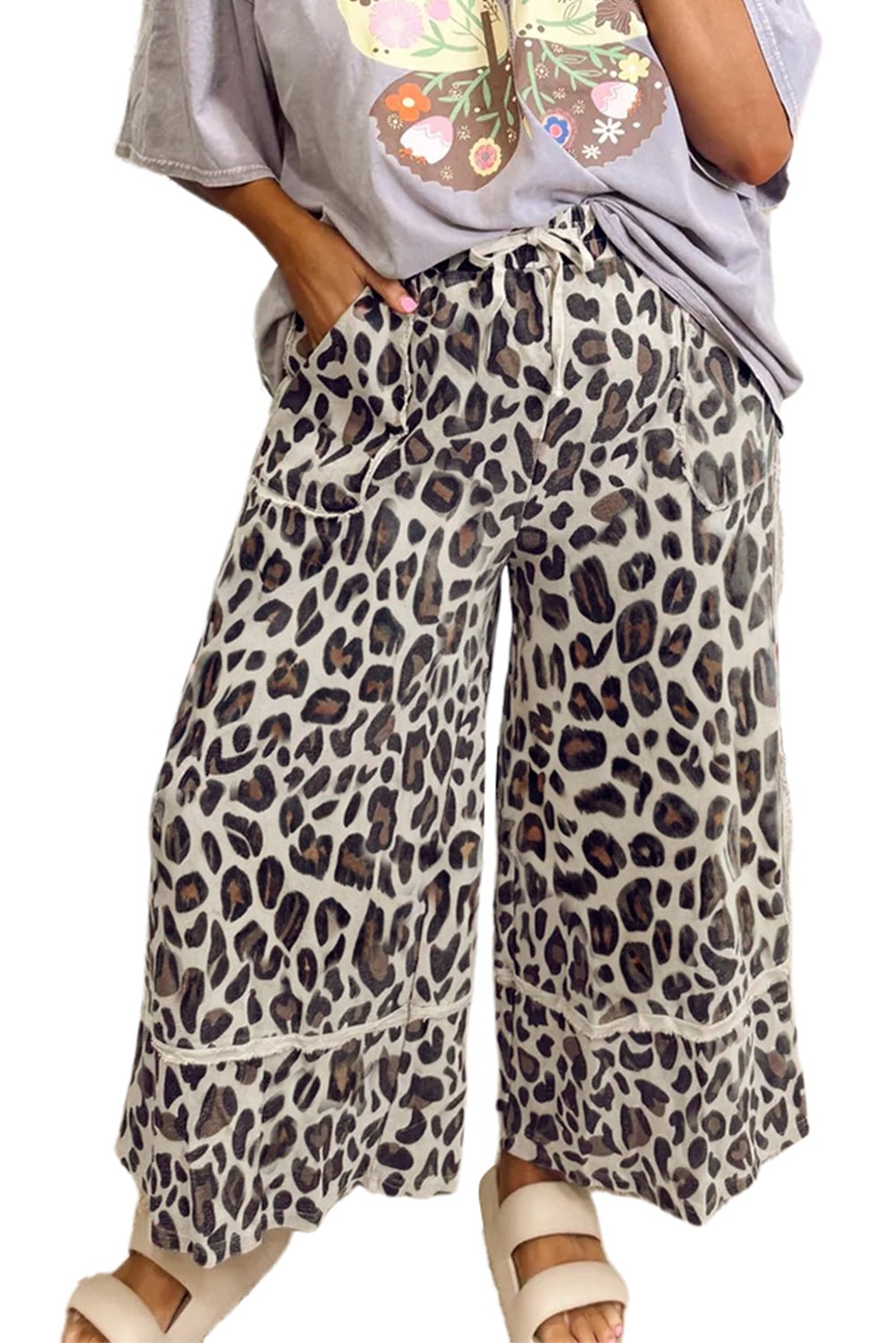 Khaki Leopard Drawstring Wide Leg Cropped Pants - MAD RUFFI