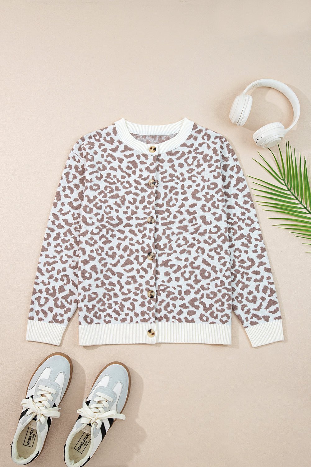 Khaki Leopard Drop Shoulder Knitted Cardigan - MAD RUFFI
