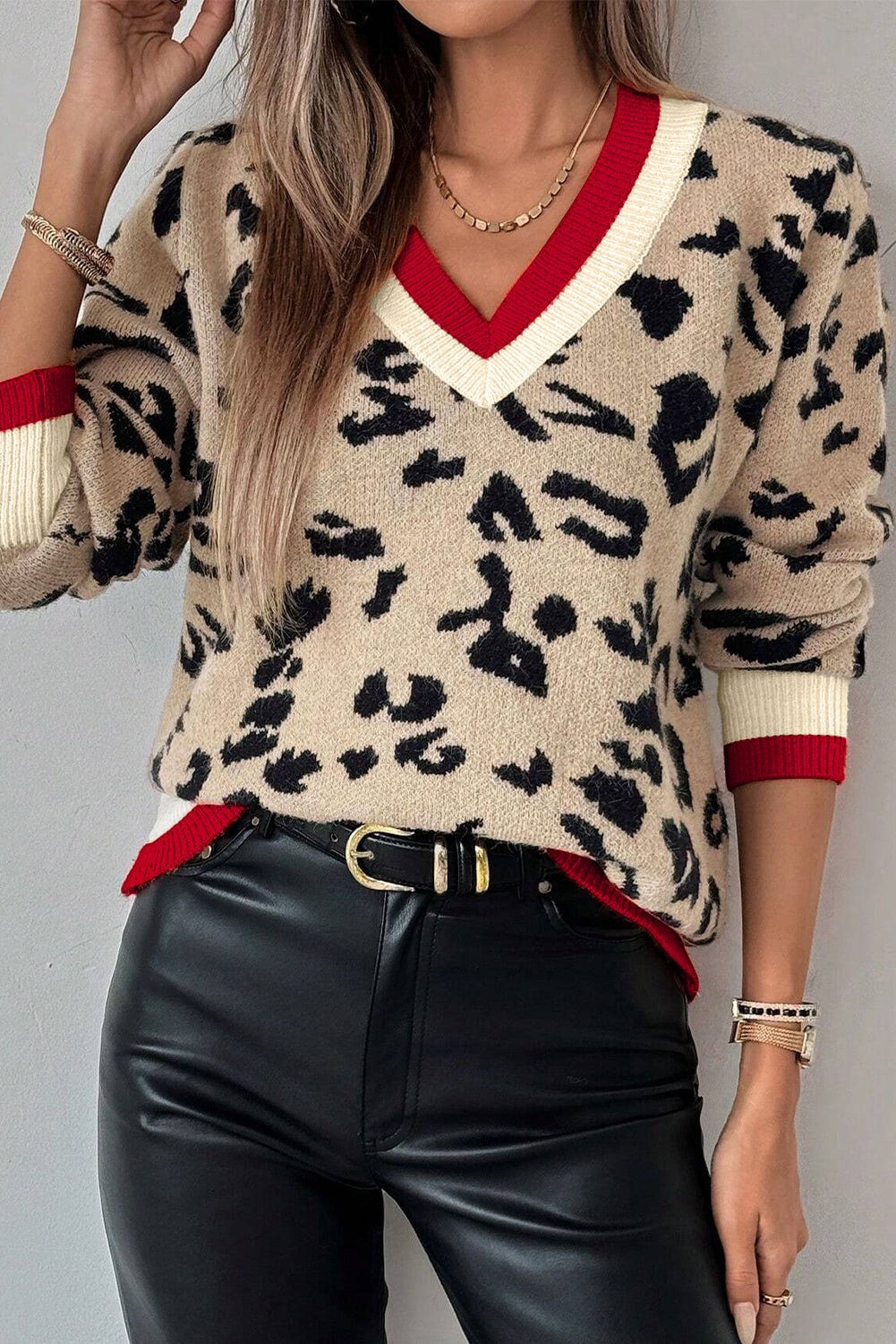 Khaki Leopard Pattern V - Neck Contrast Rib Knitted Sweater - MAD RUFFI