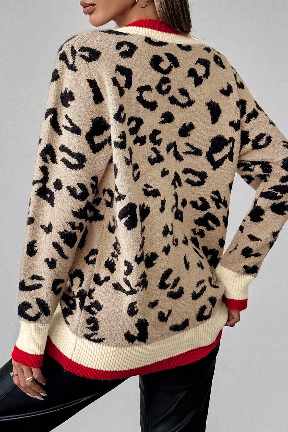 Khaki Leopard Pattern V - Neck Contrast Rib Knitted Sweater - MAD RUFFI