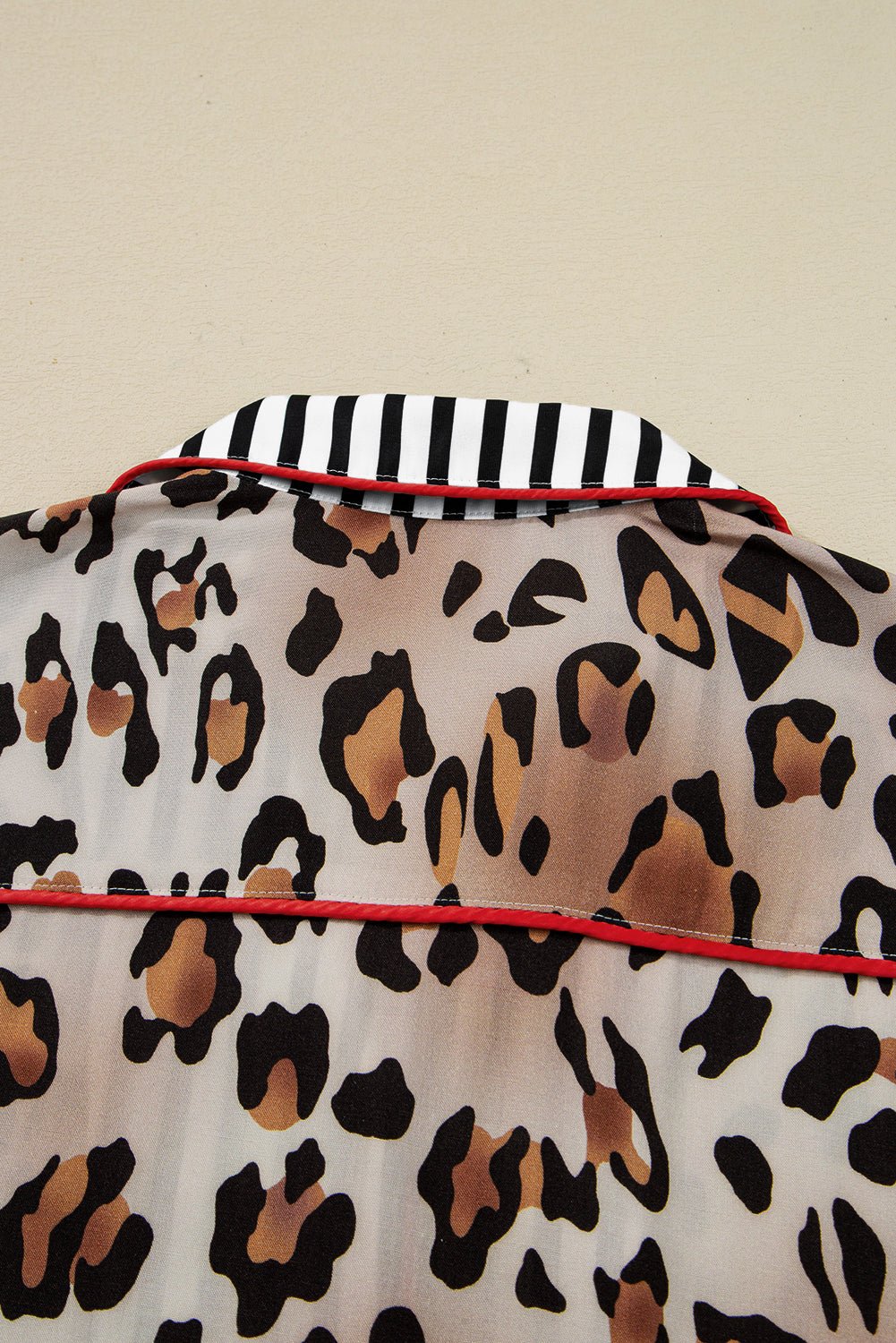 Khaki Leopard Print Colorblock Striped Patchwork Shirt and Pants Pajama Set - MAD RUFFI