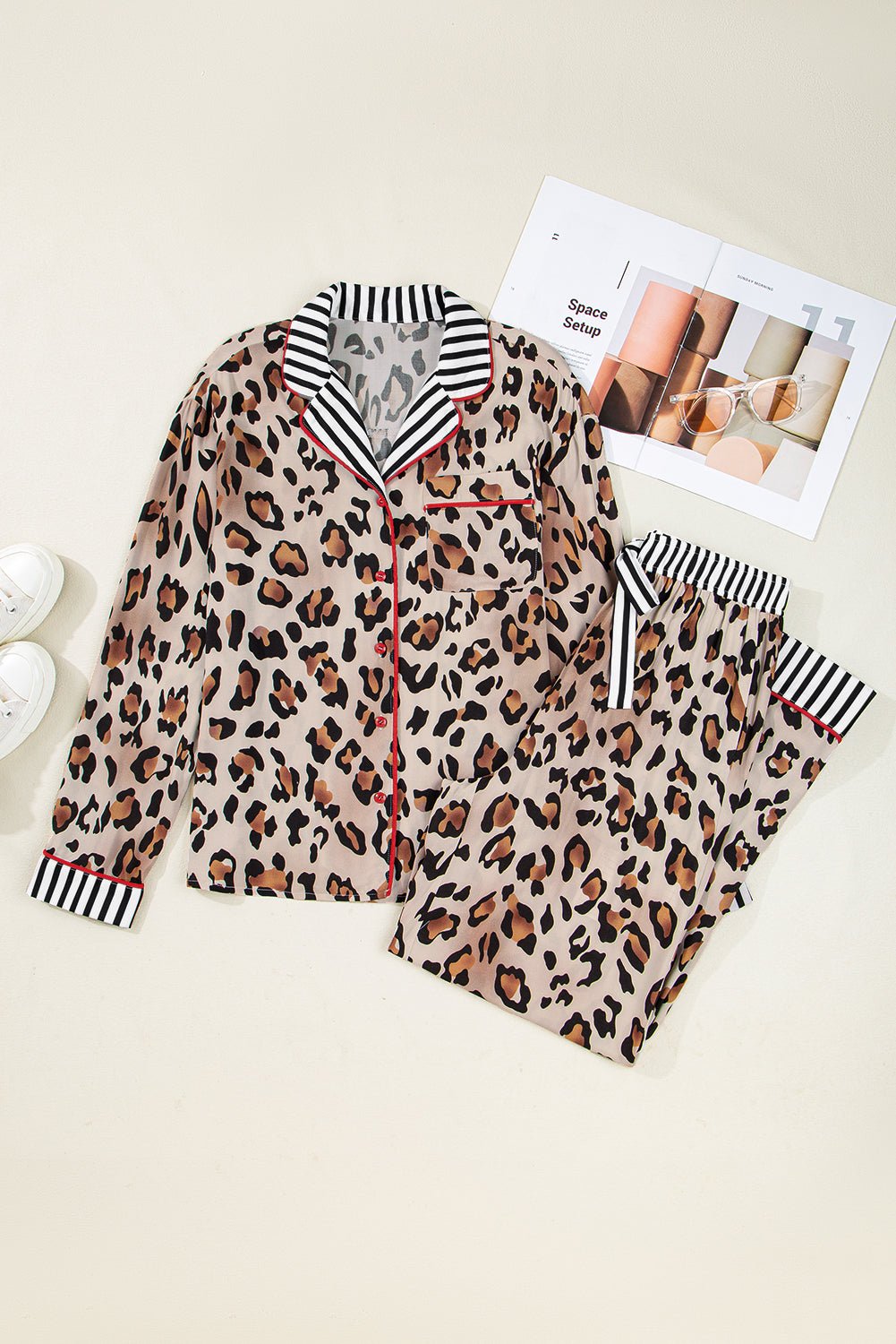 Khaki Leopard Print Colorblock Striped Patchwork Shirt and Pants Pajama Set - MAD RUFFI