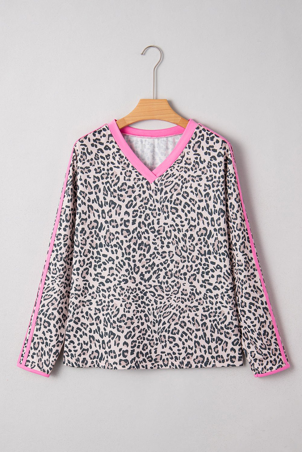 Khaki Leopard Print Contrast V Neck Varsity Stripe Detail Long Sleeve Top - MAD RUFFI
