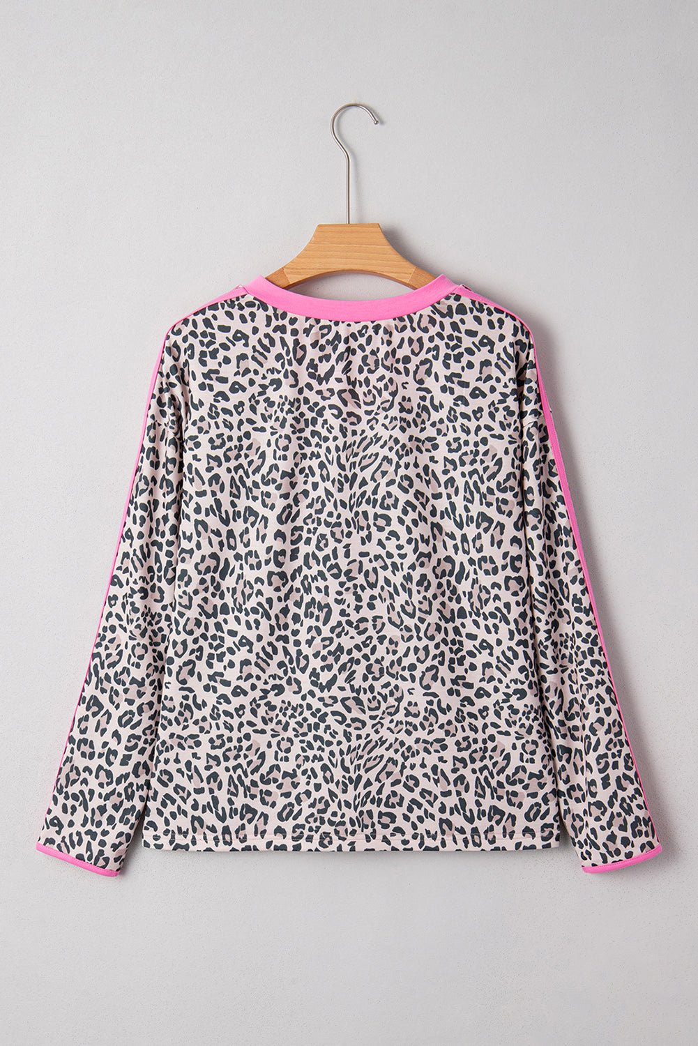 Khaki Leopard Print Contrast V Neck Varsity Stripe Detail Long Sleeve Top - MAD RUFFI