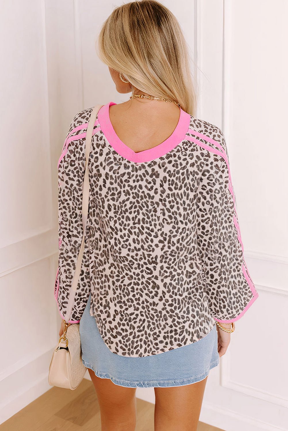 Khaki Leopard Print Contrast V Neck Varsity Stripe Detail Long Sleeve Top - MAD RUFFI