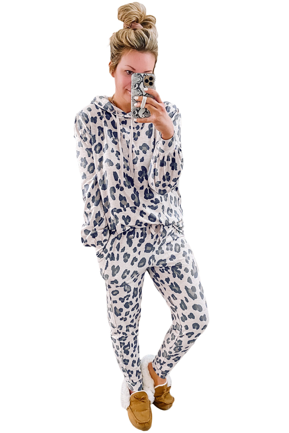 Khaki Leopard Print Drawstring Hoodie and Skinny Pants Pajama Set - MAD RUFFI