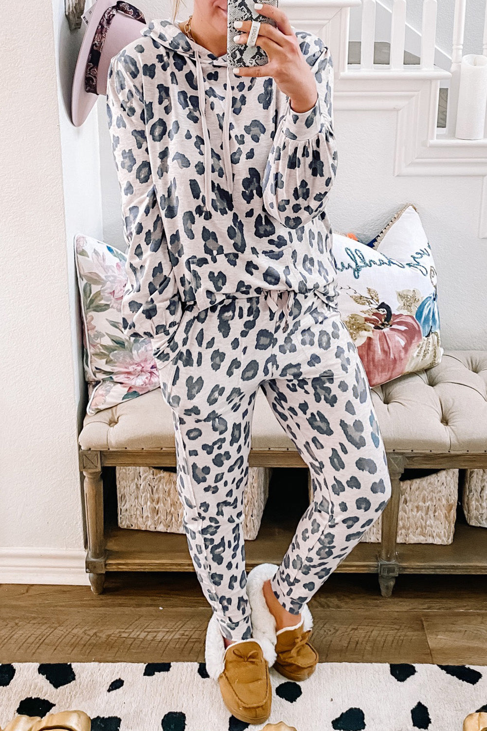 Khaki Leopard Print Drawstring Hoodie and Skinny Pants Pajama Set - MAD RUFFI