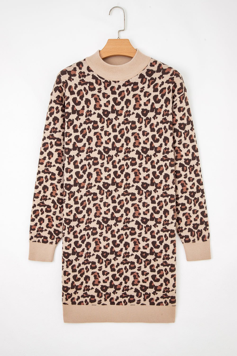 Khaki Leopard Print High Neck Shift Mini Sweater Dress - MAD RUFFI